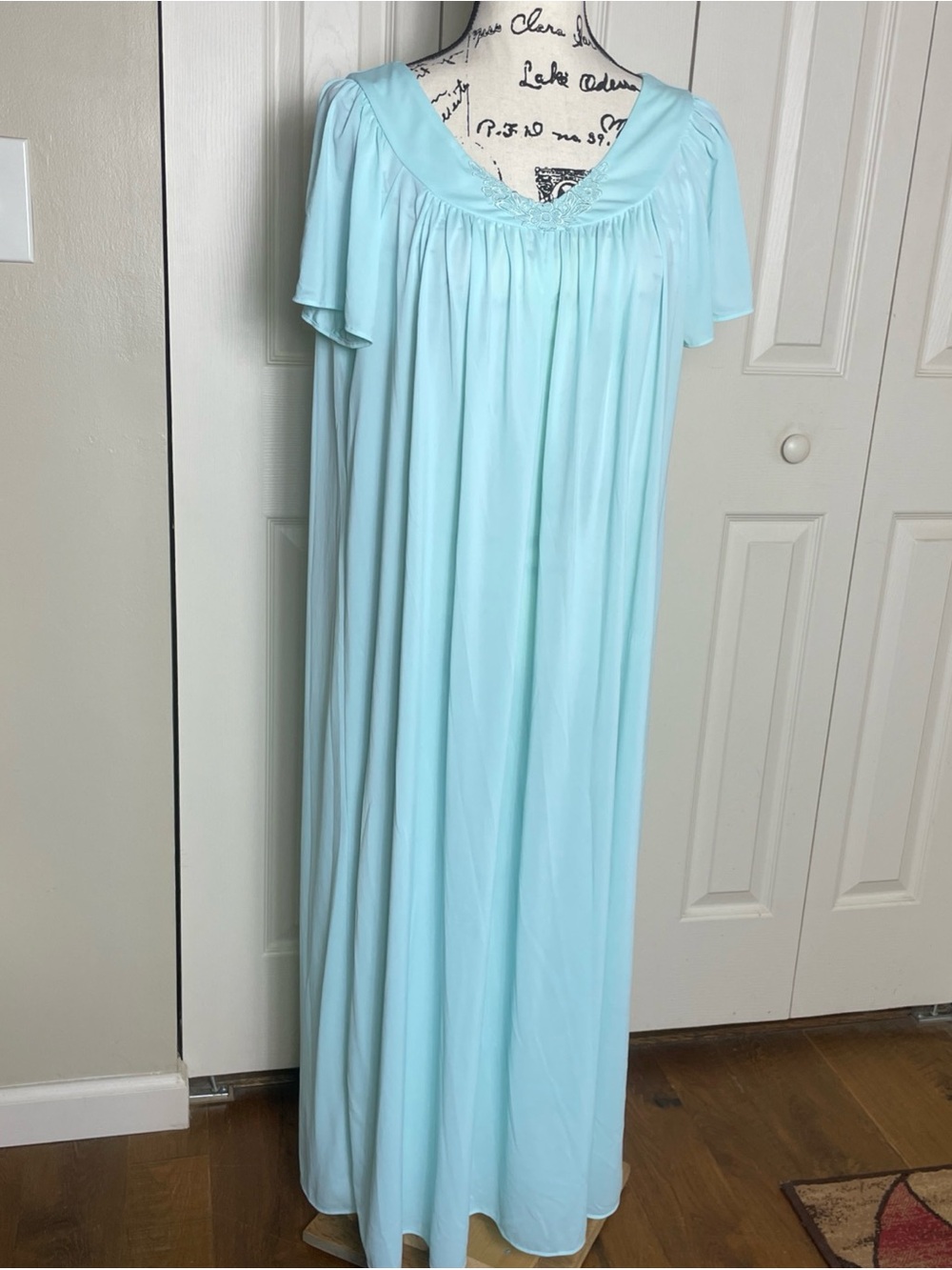 Collette By Miss Elaine Blue Flutter Sleeve Gown Floral Decoration At Neck Med